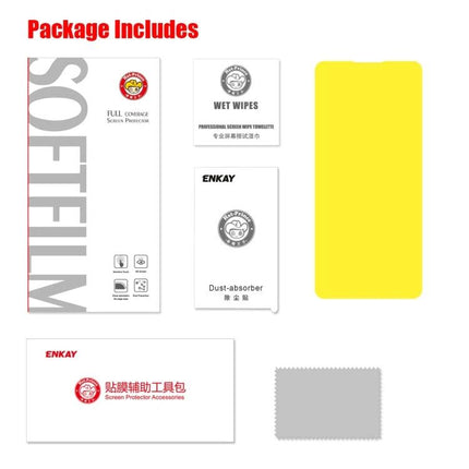 ENKAY Hydrogel Screen Protector For OnePlus 8 And Pro Series package contents showing protector, wet wipes, dust absorber, installation tools