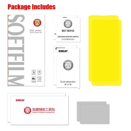 ENKAY Hat-Prince Hydrogel Screen Protector For OnePlus 8 Daily Use package contents showing protector, wet wipes, dust absorbers and installation tools