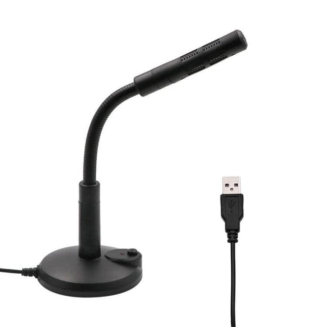 Portable USB Condenser Microphone for Computer and Gaming Use on a desktop stand with USB plug for streaming and calls