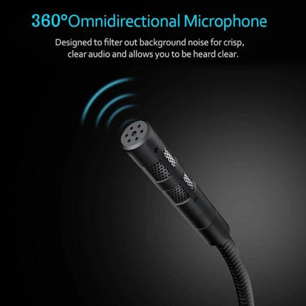Portable USB Condenser Microphone for Computer and Gaming Use shown on a flexible gooseneck highlighting 360° omnidirectional pickup and noise reduction