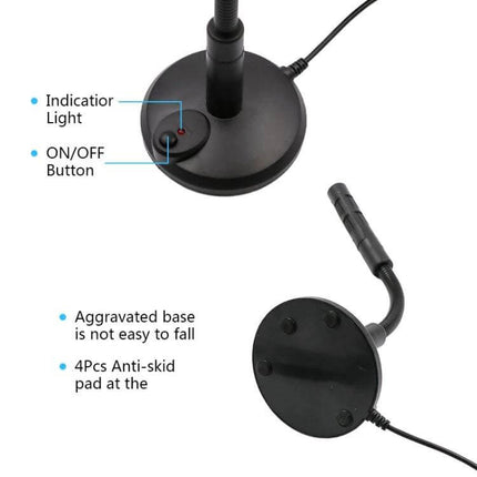 Portable USB Condenser Microphone for Computer and Gaming Use tabletop stand with on/off button, indicator light and anti-skid pads