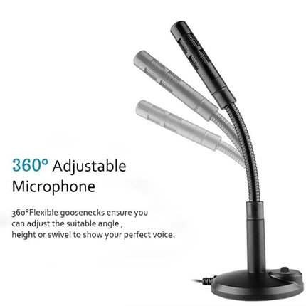 Portable USB Condenser Microphone for Computer and Gaming Use on adjustable gooseneck stand, shown angled for streaming and video calls