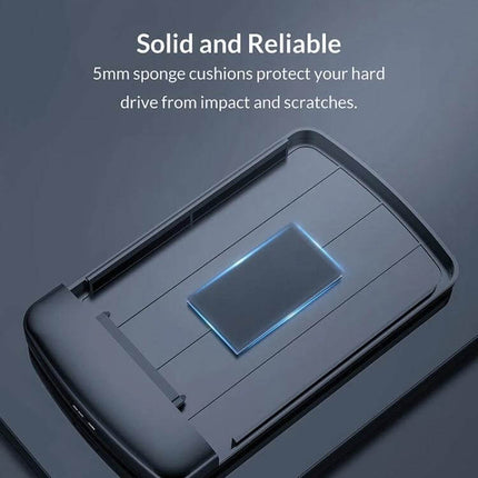 Orico 2.5-Inch Hard Drive Enclosure for Portable Storage showing internal sponge cushions and USB 3.0 portable casing