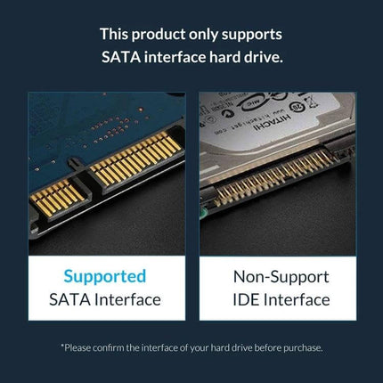 Orico 2.5-Inch Hard Drive Enclosure for Portable Storage showing supported SATA interface vs non-support IDE interface