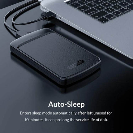 Orico 2.5-Inch Hard Drive Enclosure for Portable Storage connected to laptop via USB 3.0 for easy file transfer and backup