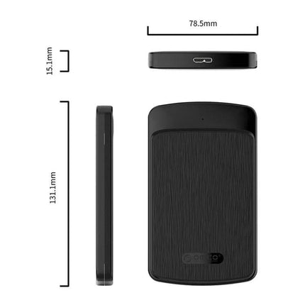 Orico 2.5-Inch Hard Drive Enclosure for Portable Storage slim black USB 3.0 case showing top, side, and dimensions (131.1×78.5×15.1mm)