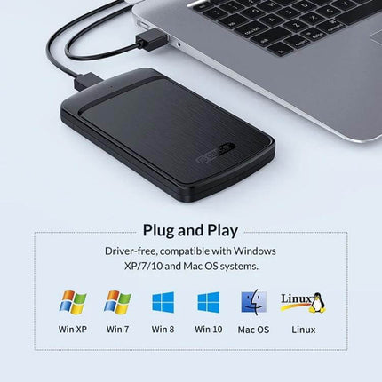 Orico 2.5-Inch Hard Drive Enclosure for Portable Storage connected via USB 3.0 to laptop, driver-free plug-and-play for Windows Mac Linux