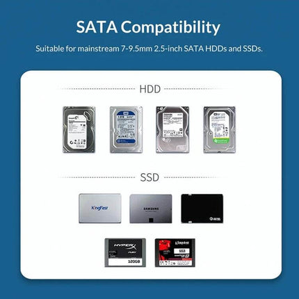 Orico 2.5-Inch Hard Drive Enclosure for Portable Storage showing SATA compatibility with 7-9.5mm HDDs and SSDs for USB 3.0 portable use