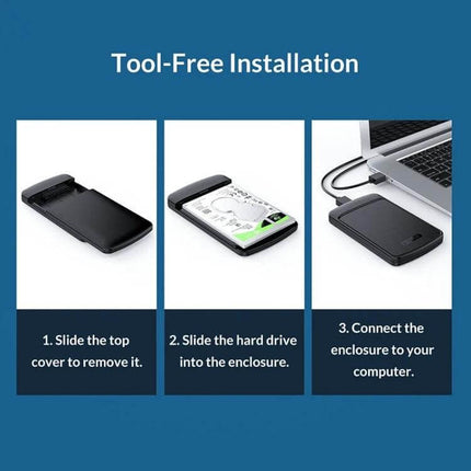 Orico 2.5-Inch Hard Drive Enclosure for Portable Storage showing tool-free installation steps with drive inserted and USB 3.0 connected to laptop