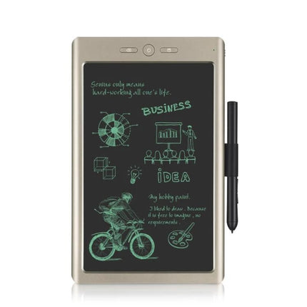 9-Inch Portable Digital Drawing Board for Mobile Note-Taking showing gold tablet with stylus and green sketches for business, idea and bicycle