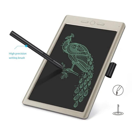 9-Inch Portable Digital Drawing Board for Mobile Note-Taking showing stylus sketching peacock on black writing surface