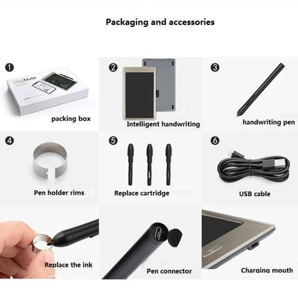 9-Inch Portable Digital Drawing Board for Mobile Note-Taking showing packaging, pen, pen holder, replacement cartridges, USB cable, and pen connector
