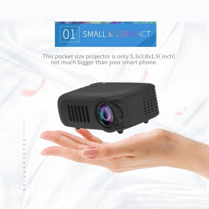 Compact Mini Projector for Everyday Home Entertainment - pocket-size black mini projector shown resting on hand, portable 13.5x9.7x5cm