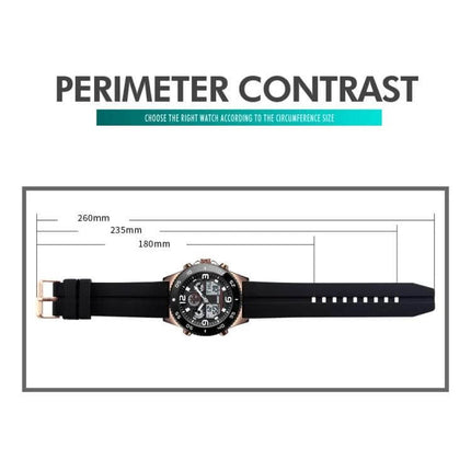 Skmei Men's Casual Sports Watch with Large Dial and Steel Band showing 50mm dial and band length measurements for perimeter fit