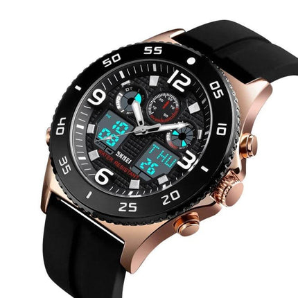 Skmei Men's Casual Sports Watch with Large Dial and Steel Band - black dial, 50mm large display, silicone band option