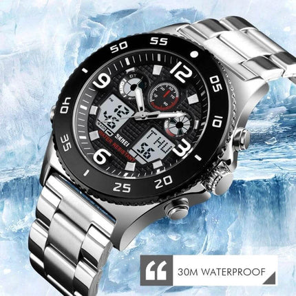 Skmei Men's Casual Sports Watch with Large Dial and Steel Band - silver steel band chronograph with 50mm dial and 30M waterproof display