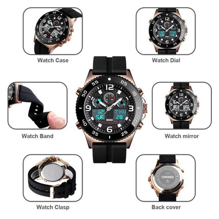 Skmei Men's Casual Sports Watch with Large Dial and Steel Band showing large 50mm dial, silicone band option, steel back cover and detailed watch components