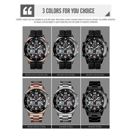 Skmei Men's Casual Sports Watch with Large Dial and Steel Band shown in six color and band options (rose gold, silver, black)