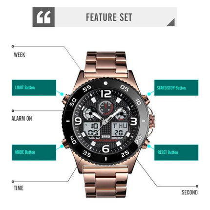 Skmei Men's Casual Sports Watch with Large Dial and Steel Band showing 50mm dial, rose gold steel band and labeled feature buttons