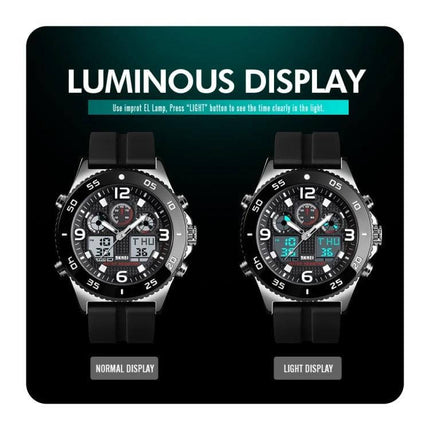 Skmei Men's Casual Sports Watch with Large Dial and Steel Band showing luminous normal and light display with black steel band