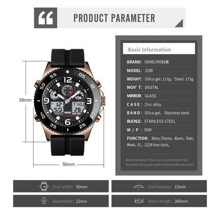 Skmei Men's Casual Sports Watch with Large Dial and Steel Band showing 50mm dial, specs panel, silicone and stainless steel band options