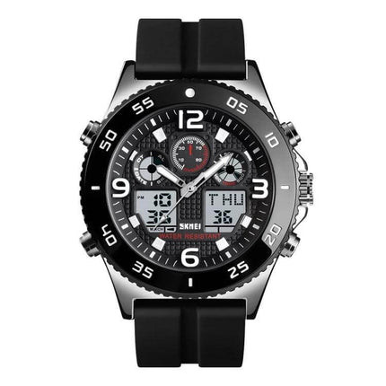 Skmei Men's Casual Sports Watch with Large Dial and Steel Band - black large 50mm dial dual display sports watch with silicone band