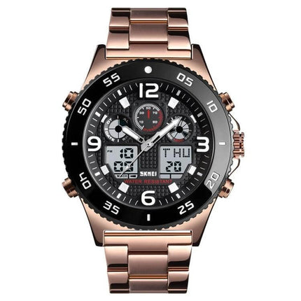 Skmei Men's Casual Sports Watch with Large Dial and Steel Band displaying large 50mm dial, dual analog-digital face and rose gold steel band