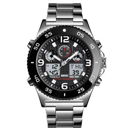 Skmei Men's Casual Sports Watch with Large Dial and Steel Band - 50mm large dial, stainless steel band, chronograph and digital displays