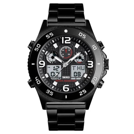 Skmei Men's Casual Sports Watch with Large Dial and Steel Band – black 50mm dial dual display stainless steel band