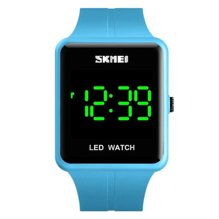 Skmei Waterproof Square LED Watch for Couples Daily Use - blue square digital LED watch with green time display