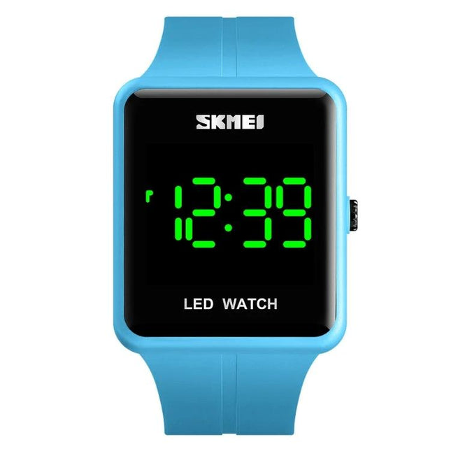 Skmei Waterproof Square LED Watch for Couples Daily Use - blue square digital LED watch with green time display
