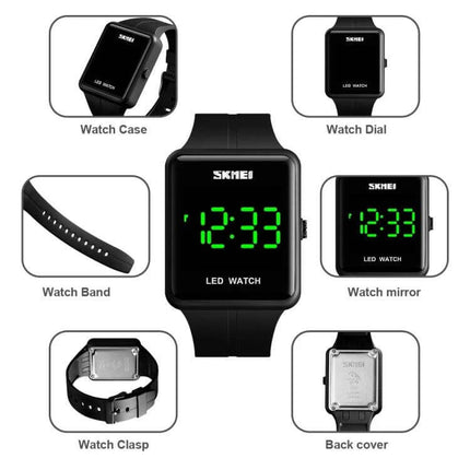 Skmei Waterproof Square LED Watch for Couples Daily Use - black digital couple’s watch with green LED time display, silicone band, square case, and back cover
