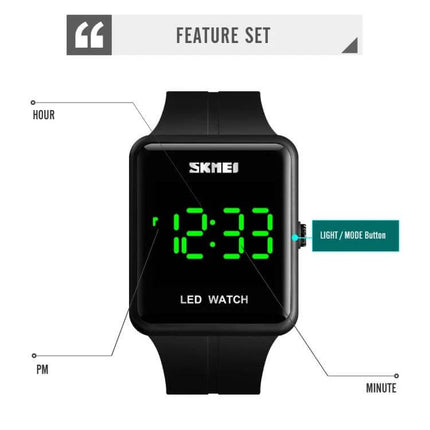Skmei Waterproof Square LED Watch for Couples Daily Use - black square digital LED watch face showing 12:33 with luminous green digits