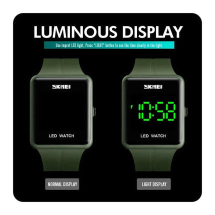 Skmei Waterproof Square LED Watch for Couples Daily Use luminous green LED display comparison showing normal and light display
