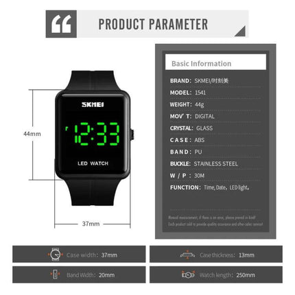 Skmei Waterproof Square LED Watch for Couples Daily Use - black digital square LED watch with green time display and product specs