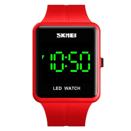 Skmei Waterproof Square LED Watch for Couples Daily Use - red square digital LED watch with green display, date/time and luminous elements