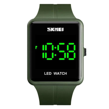 Skmei Waterproof Square LED Watch for Couples Daily Use - green square digital LED watch showing time and date, water-resistant casual couples design