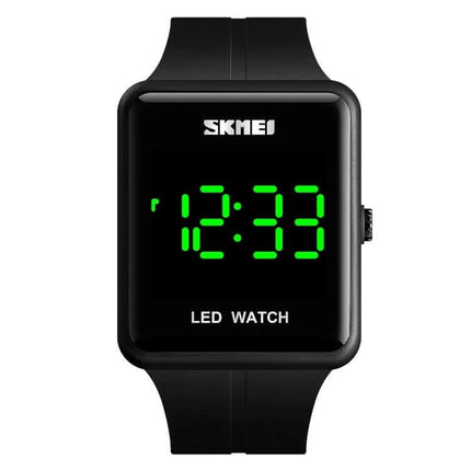 Skmei Waterproof Square LED Watch for Couples Daily Use - black square digital LED watch showing green time display, water-resistant everyday style