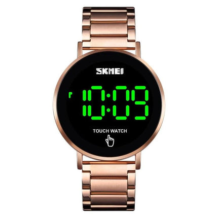 Skmei Men's Daily Waterproof Stainless Steel Watch with LED Display - rose gold metal band, round black LED touch dial showing green digits
