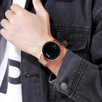 Skmei Men's Daily Waterproof Stainless Steel Watch with LED Display on wrist, rose gold stainless steel band, casual outfit