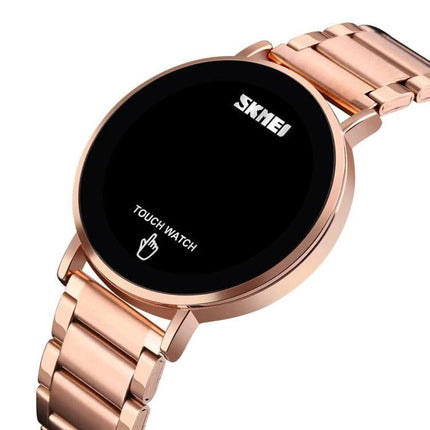 Skmei Men's Daily Waterproof Stainless Steel Watch with LED Display in rose gold metal band, round touch-screen face shown