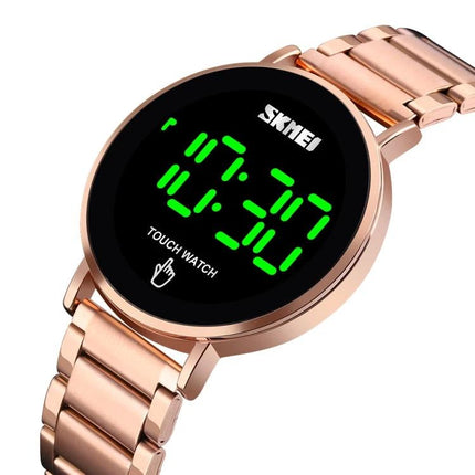 Skmei Men's Daily Waterproof Stainless Steel Watch with LED Display - rose gold stainless steel case with green LED time display