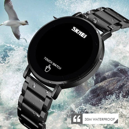 Skmei Men's Daily Waterproof Stainless Steel Watch with LED Display - black stainless steel touch LED watch, 30M water resistant, casual sporty style