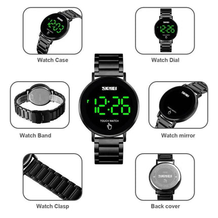 Skmei Men's Daily Waterproof Stainless Steel Watch with LED Display showing black stainless band and green LED time