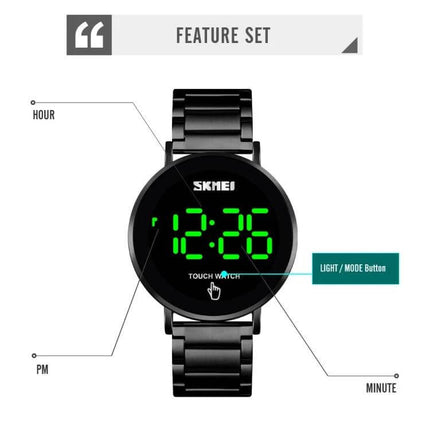 Skmei Men's Daily Waterproof Stainless Steel Watch with LED Display showing green LED time on black stainless steel bracelet