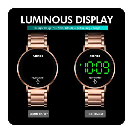Skmei Men's Daily Waterproof Stainless Steel Watch with LED Display showing rose gold touch face with normal and luminous LED time display