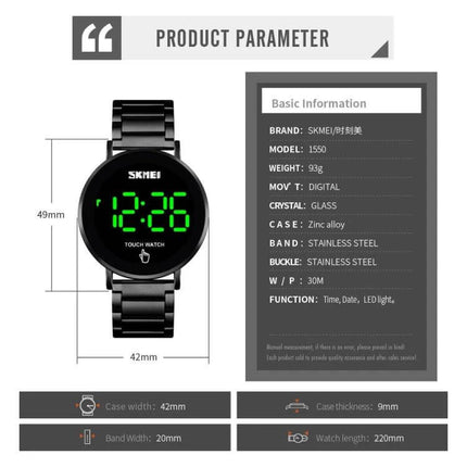 Skmei Men's Daily Waterproof Stainless Steel Watch with LED Display showing black stainless steel case and green LED time