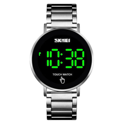 Skmei Men's Daily Waterproof Stainless Steel Watch with LED Display — silver band, round black face and green LED time
