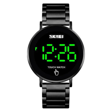 Skmei Men's Daily Waterproof Stainless Steel Watch with LED Display black metal band, green LED time on round touch screen
