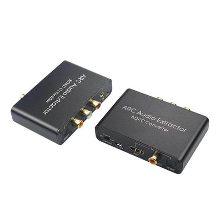 HDMI Audio Return Channel Converter for TV Sound Systems showing ARC audio extractor box with HDMI, optical, coaxial and analog outputs